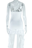 White Sexy Solid Color Patchwork Backless Ruffle Irregular Hem Spaghetti Strap Wrapped Skirt Dresses