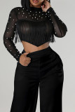 Black Casual Polka Dot Fringed Trim Pocket Patchwork See-Through Beading Mesh O Neck Long Sleeve Two Pieces