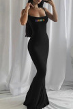 Black Sexy Letters Patchwork Backless Hot Drill Spaghetti Strap Long Dresses