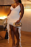 White Sexy Solid Color Patchwork Backless Ruffle Irregular Hem Spaghetti Strap Wrapped Skirt Dresses