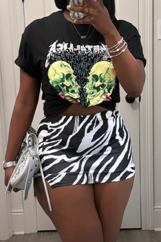 Black Street Print Patchwork O Neck Short Sleeve Two Pieces