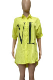 Green Casual Letters Buckle Patchwork Ruched Turndown Collar Tops
