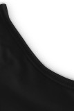 Black Casual Letters Patchwork Ruched Hot Drill Zipper Sleeveless Two Pieces