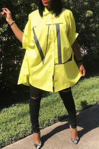 Yellow Casual Letters Buckle Patchwork Ruched Turndown Collar Tops
