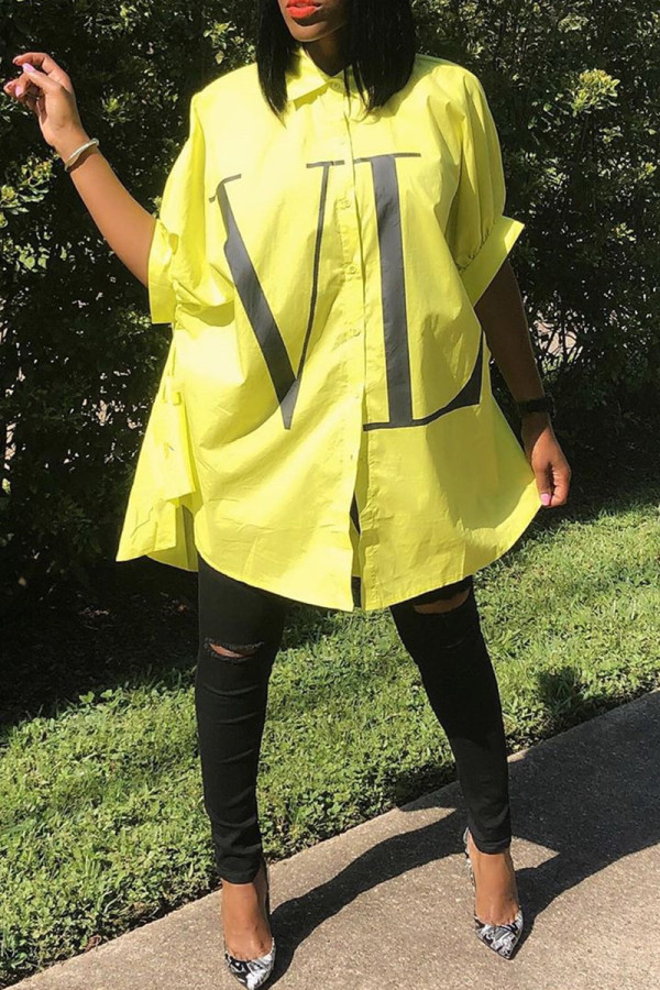Yellow Casual Letters Buckle Patchwork Ruched Turndown Collar Tops