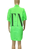 Green Casual Letters Buckle Patchwork Ruched Turndown Collar Tops