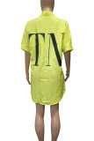 Green Casual Letters Buckle Patchwork Ruched Turndown Collar Tops
