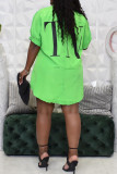Green Casual Letters Buckle Patchwork Ruched Turndown Collar Tops