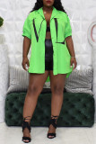 Green Casual Letters Buckle Patchwork Ruched Turndown Collar Tops