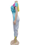 Blue Casual Patchwork Contrast Hooded Short Sleeve Two Pieces