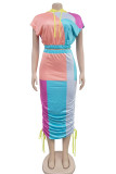 Blue Casual Patchwork Contrast Hooded Short Sleeve Two Pieces