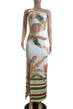 White Celebrities Print Hollow Out Patchwork High Slit Ruched Oblique Collar Long Dresses