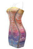 Colour Sexy Patchwork Backless Hot Drill Spaghetti Strap Wrapped Skirt Dresses