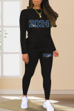 Black Casual Digital Hot Drill  O Neck Long Sleeve Sweatshirt And Skinny Pants Two Pieces Jogger Sets