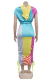 Blue Casual Patchwork Contrast Hooded Short Sleeve Two Pieces