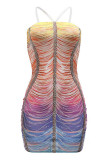 Colour Sexy Patchwork Backless Hot Drill Spaghetti Strap Wrapped Skirt Dresses