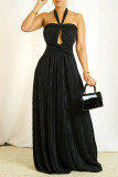 Blue Celebrities Solid Color Hollow Out Patchwork Backless Ruched Halter Evening Dresses