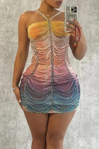 Colour Sexy Patchwork Backless Hot Drill Spaghetti Strap Wrapped Skirt Dresses