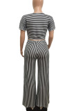 Black And White Casual Stripe Patchwork O Neck Plus Size Two Pieces