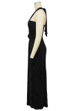 Blue Celebrities Solid Color Hollow Out Patchwork Backless Ruched Halter Evening Dresses