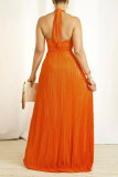 Blue Celebrities Solid Color Hollow Out Patchwork Backless Ruched Halter Evening Dresses