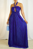 Blue Celebrities Solid Color Hollow Out Patchwork Backless Ruched Halter Evening Dresses