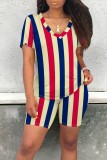 Blue Red Casual Print Basic V Neck Short Sleeve Two Pieces