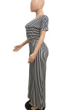 Black And White Casual Stripe Patchwork O Neck Plus Size Two Pieces
