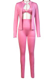 Pink Casual Solid Color Patchwork Zipper Zipper Collar Long Sleeve Three Pieces
