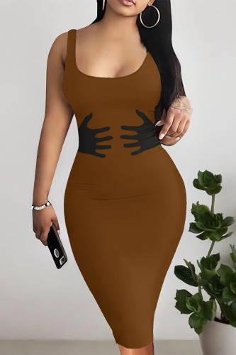 Brown Casual Street Print U Neck Printed Dresses