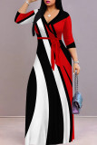 Red Black Celebrities Print Patchwork Strap Design V Neck Long Dresses