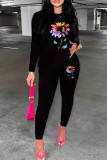 Black Casual Graphcis Print O Neck Long Sleeve Sweatshirt And Skinny Pants Two Pieces Jogger Sets