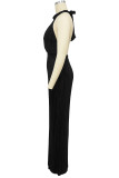 Black Celebrities Solid Color Hollow Out Patchwork Backless Pleated O Neck Long Dresses
