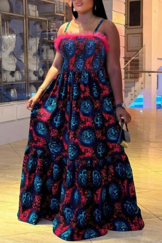 Rose Red Sexy Casual Print Backless Patchwork Spaghetti Strap Long Dresses