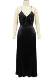 Burgundy Celebrities Solid Color Patchwork Backless Pleated Spaghetti Strap Sling Dresses