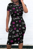 Black White Casual Daily Letter Print Love Print Contrast O Neck Printed Short Sleeve Dress