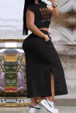 Black Casual Letters Pocket Lace Up Patchwork Slit O Neck Two Pieces