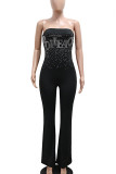 Black Sexy Letters Patchwork Backless Hot Drill Strapless Skinny Jumpsuits