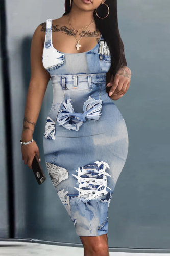 Gray Blue Casual Faux Denim Print Basic U Neck Vest Dresses