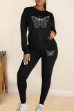 Black Casual Butterfly Print O Neck Long Sleeve Sweatshirt And Skinny Pants Two Pieces Jogger Sets