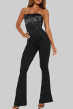 Black Sexy Letters Patchwork Backless Hot Drill Strapless Skinny Jumpsuits