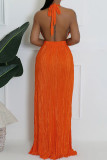 Black Celebrities Solid Color Hollow Out Patchwork Backless Pleated O Neck Long Dresses