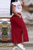 White Red Casual Print Pocket Lace Up Patchwork Slit O Neck Two Pieces
