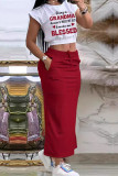 White Red Casual Letters Pocket Lace Up Patchwork Slit O Neck Two Pieces