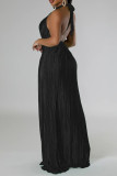 Black Celebrities Solid Color Hollow Out Patchwork Backless Pleated O Neck Long Dresses