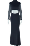 Black Celebrities Solid Color Hollow Out Patchwork Half A Turtleneck Long Dresses