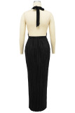 Black Celebrities Solid Color Hollow Out Patchwork Backless Pleated O Neck Long Dresses