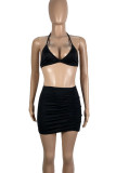 Black Sexy Solid Color Patchwork Backless Ruched Sleeveless Two Pieces