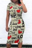 Cream White Casual Daily Letter Print Love Print Contrast O Neck Printed Short Sleeve Dress