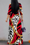 Red Casual Street Leopard Print Zebra Print Chain print Lace Up Contrast V Neck Printed Dresses